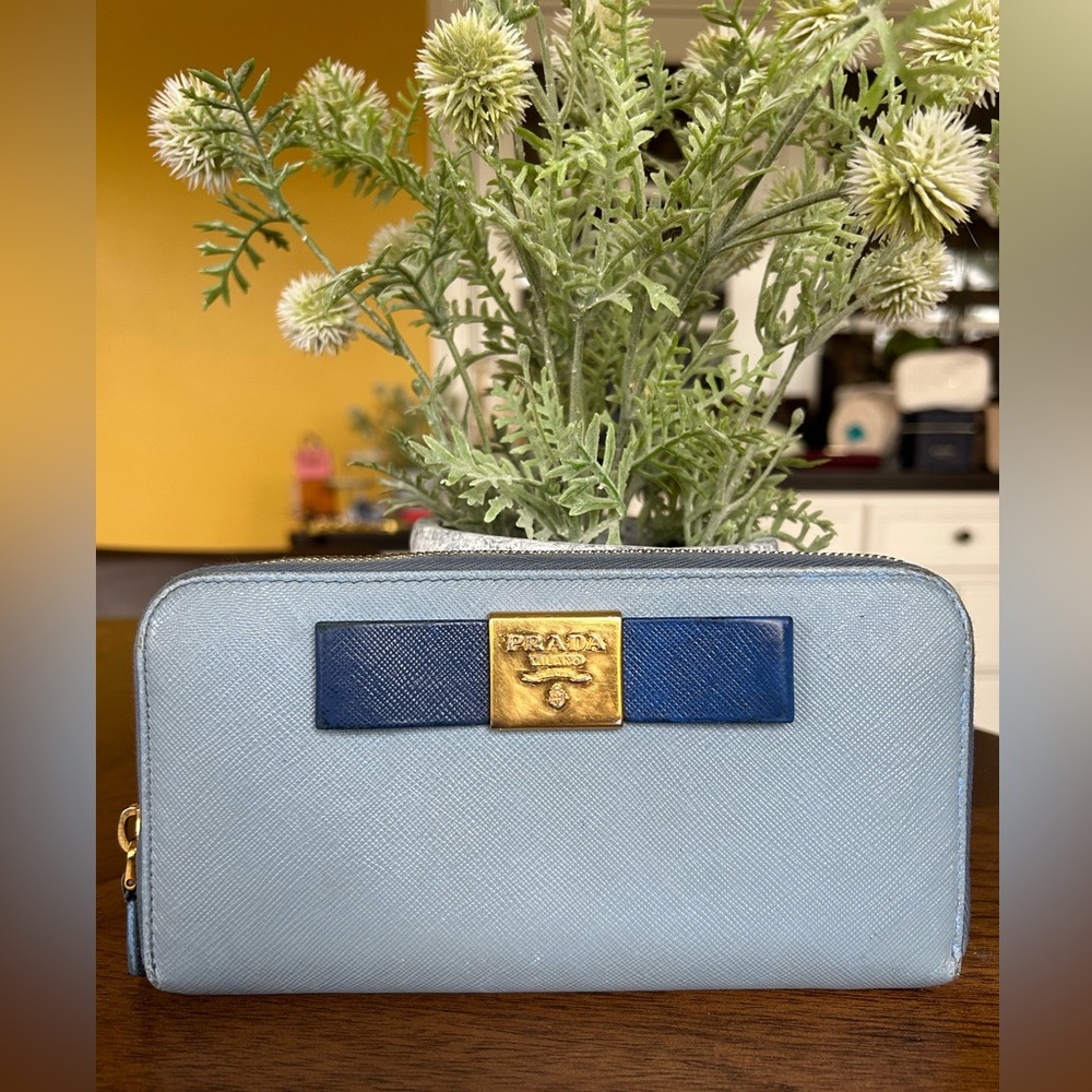 Prada Saffiano Leather Blue Bow Long Zippy Wallet - Picture 3 of 10